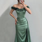 Green Off-shoulder Pleated Maxi Evening Dress