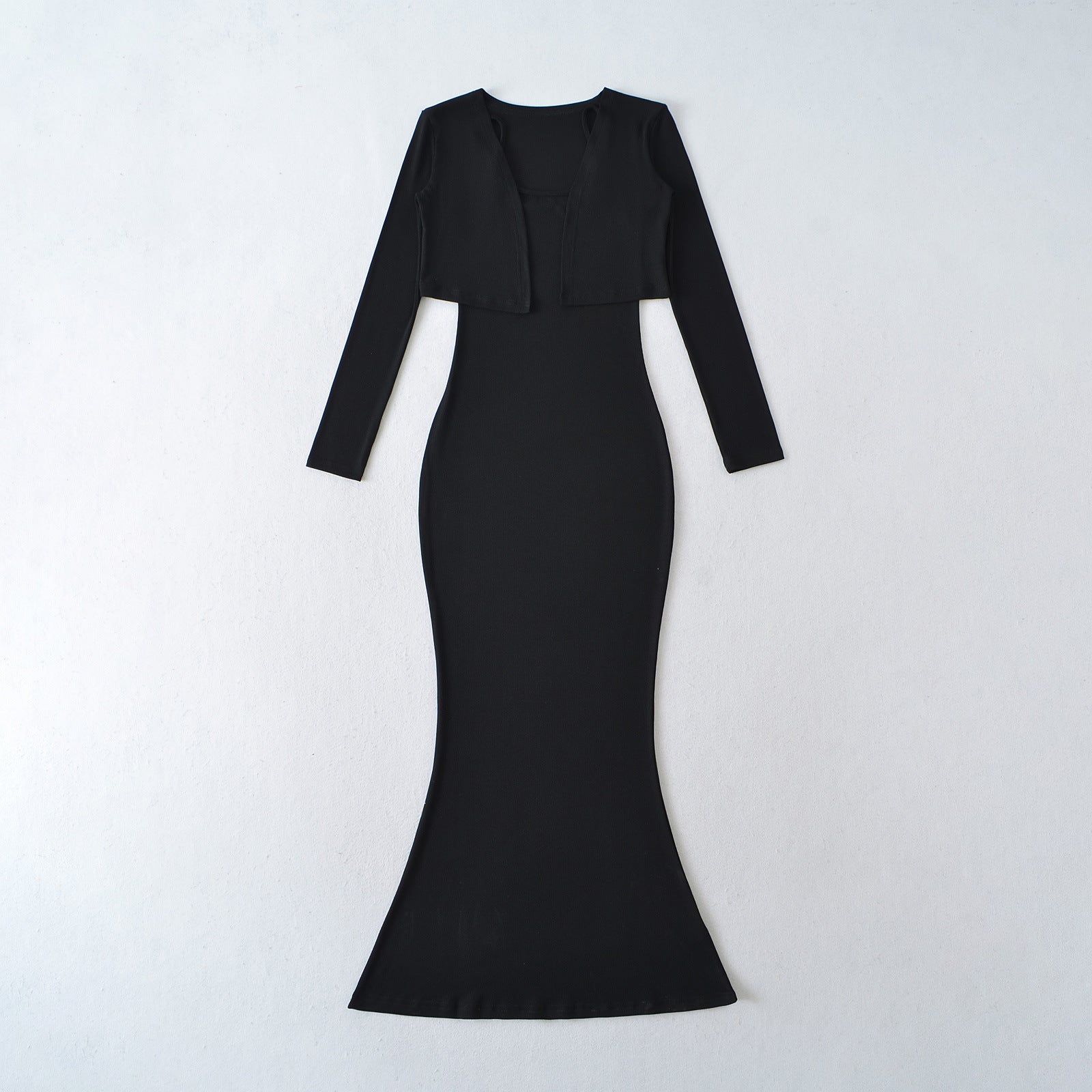 Strap Fish-tail Maxi Dress With Long-sleeve Cardigan A Sassy Two-piece Set For Women