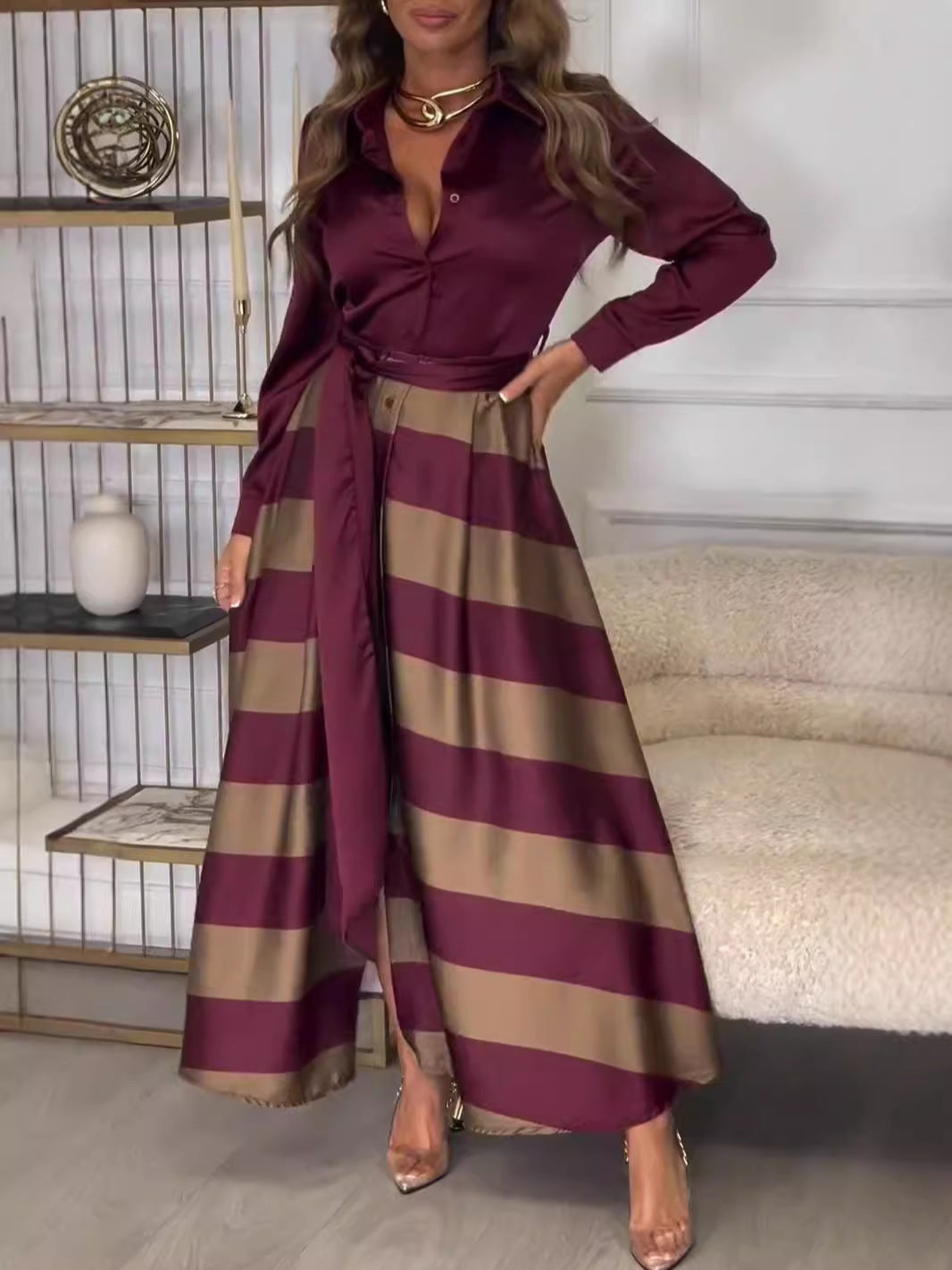 Fall Women's Clothing Long Elegant Lace Printing Stitching Dress Maxi Dress