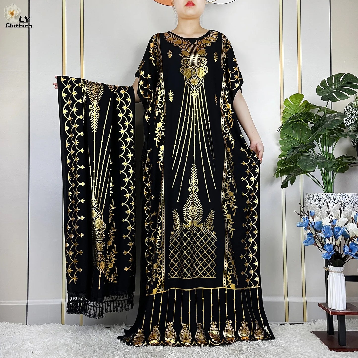 New ALFO  Muslim Summer Short Sleeve Robe Gold Stamping Boubou Maxi Women Femme Loose Dress With Big Scarf African Abaya Clothes