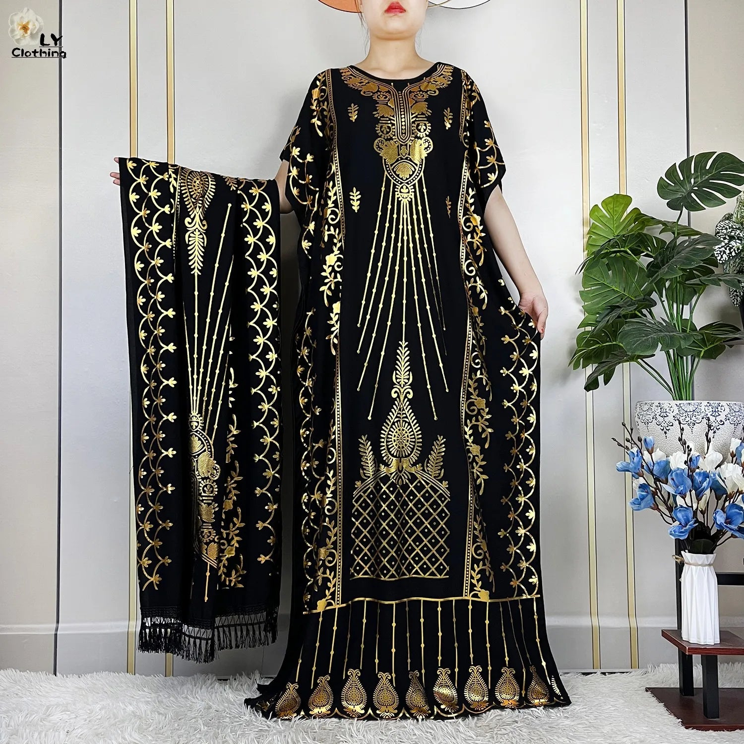 New ALFO  Muslim Summer Short Sleeve Robe Gold Stamping Boubou Maxi Women Femme Loose Dress With Big Scarf African Abaya Clothes