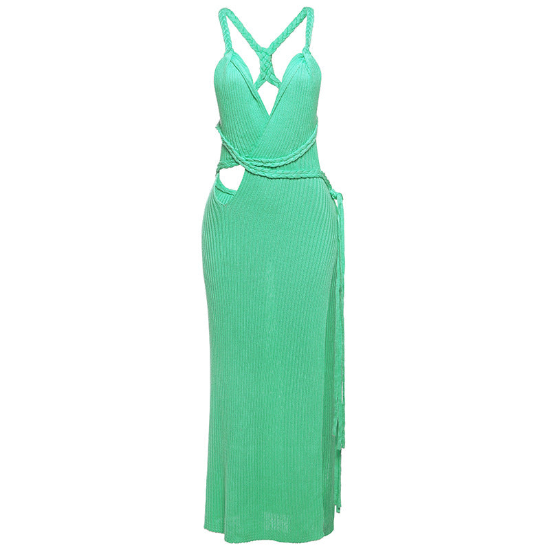Womens V-neck Cut-out Slim Knitted Dress