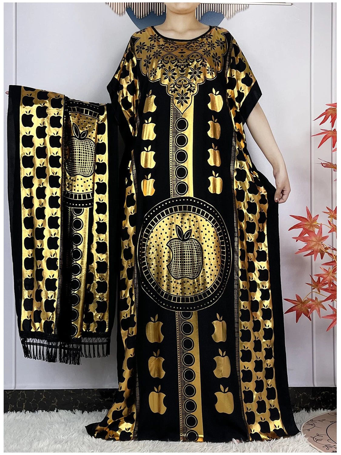New ALFO  Muslim Summer Short Sleeve Robe Gold Stamping Boubou Maxi Women Femme Loose Dress With Big Scarf African Abaya Clothes