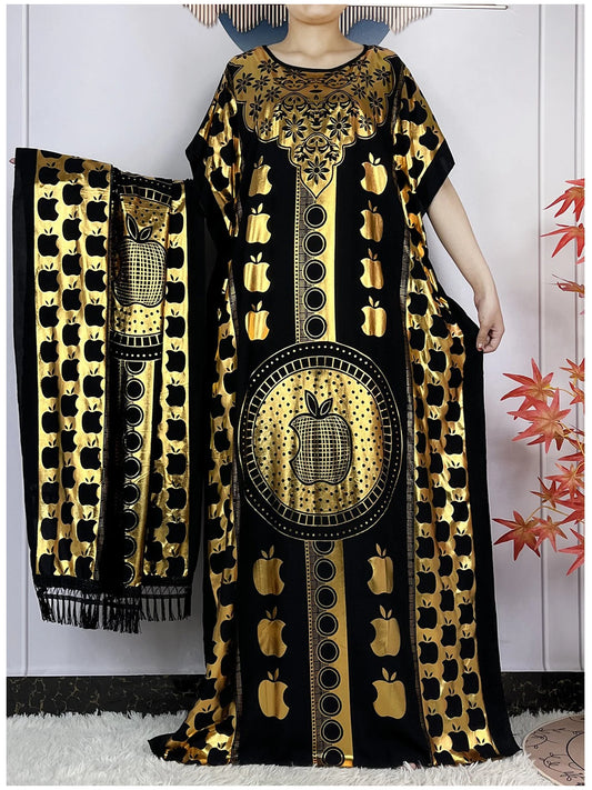 New ALFO  Muslim Summer Short Sleeve Robe Gold Stamping Boubou Maxi Women Femme Loose Dress With Big Scarf African Abaya Clothes