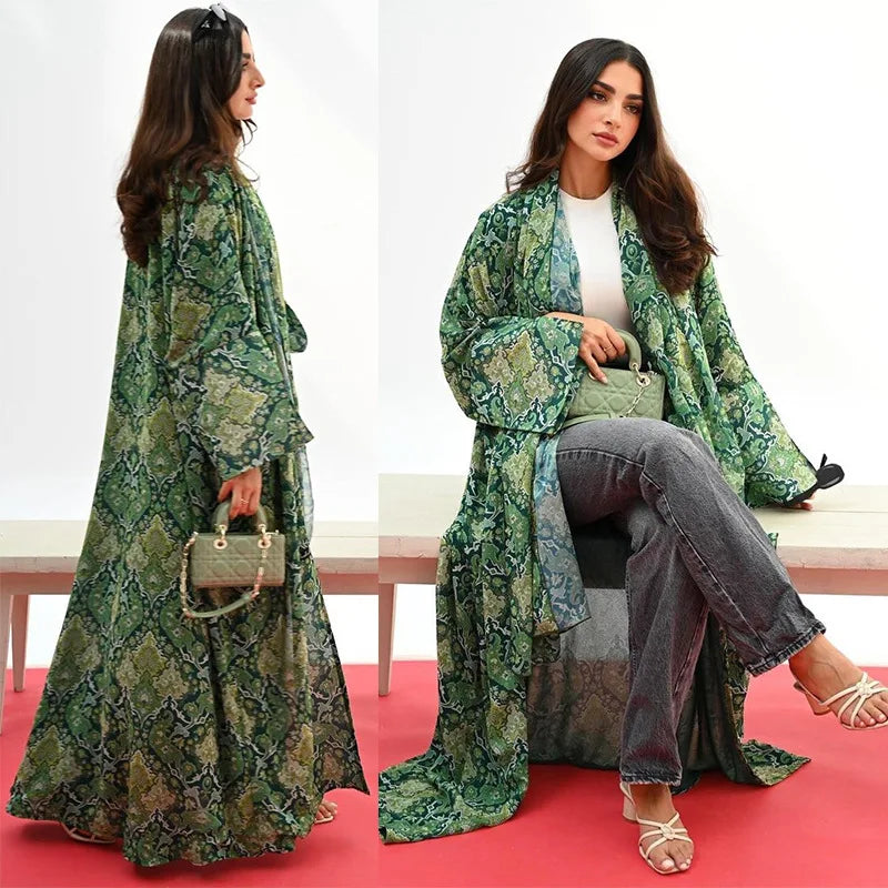 Arabic Robe Printed Coat Cape Fashion Middle Eastern Women's Abaya with Headscarf