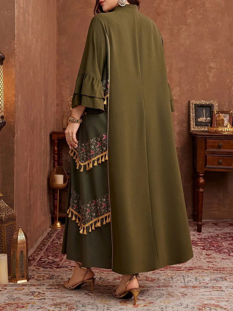 GIBSIE Plus Size Ethnic Style Print Tassel Abaya Dress Women Spring and Autumn Flared Sleeve Boho Loose Maxi Dresses 2026 New