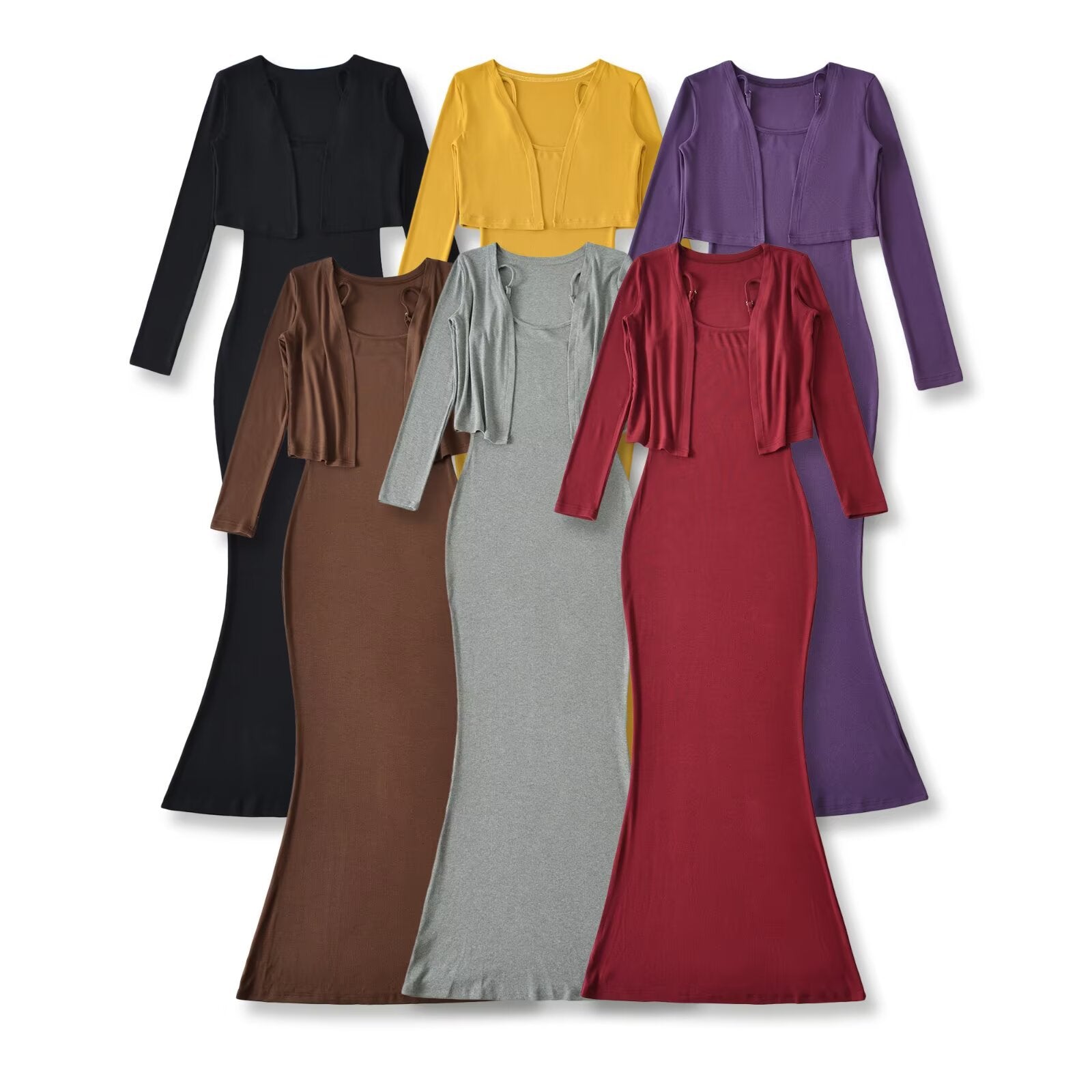 Strap Fish-tail Maxi Dress With Long-sleeve Cardigan A Sassy Two-piece Set For Women