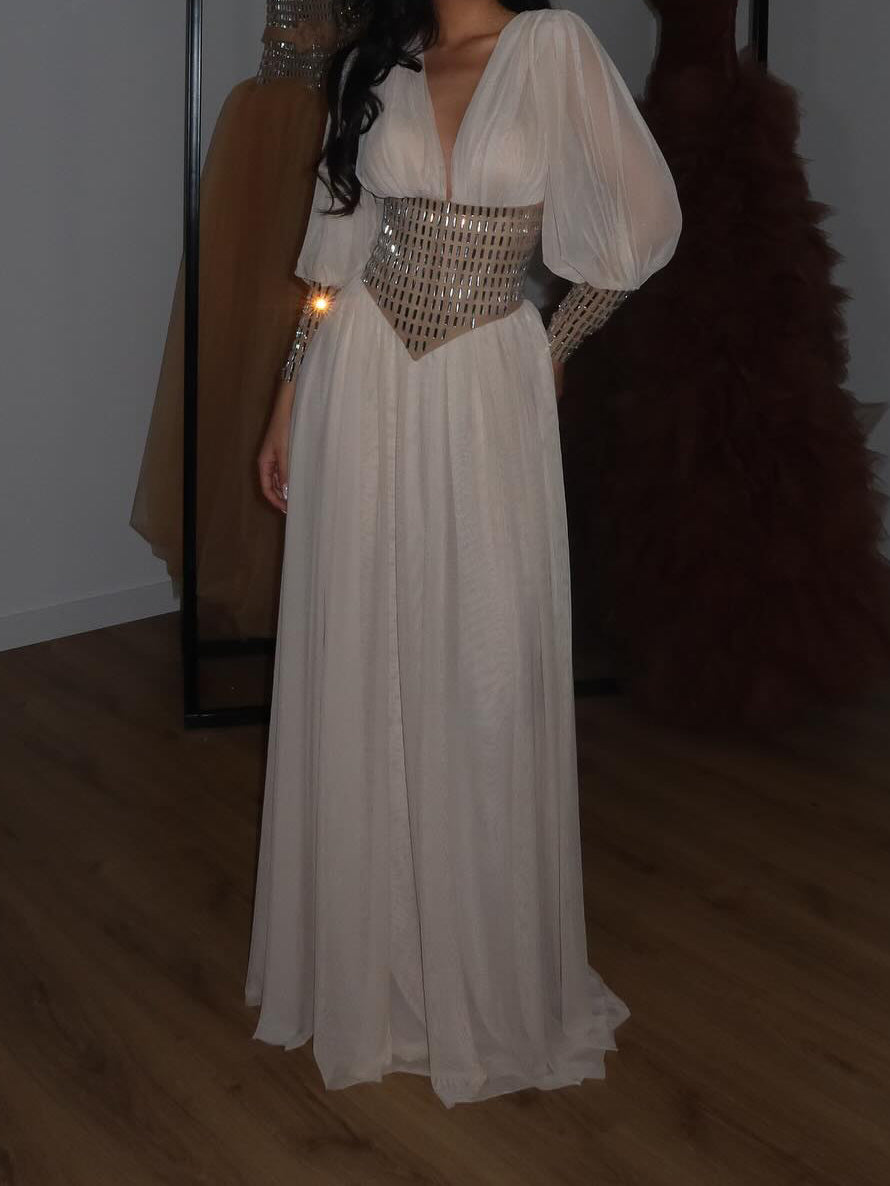 Deep V Long Sleeve Diamond Waist Maxi Dress