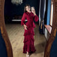 Elegant Ruffled Long-sleeve Waist-cinched Maxi Dress