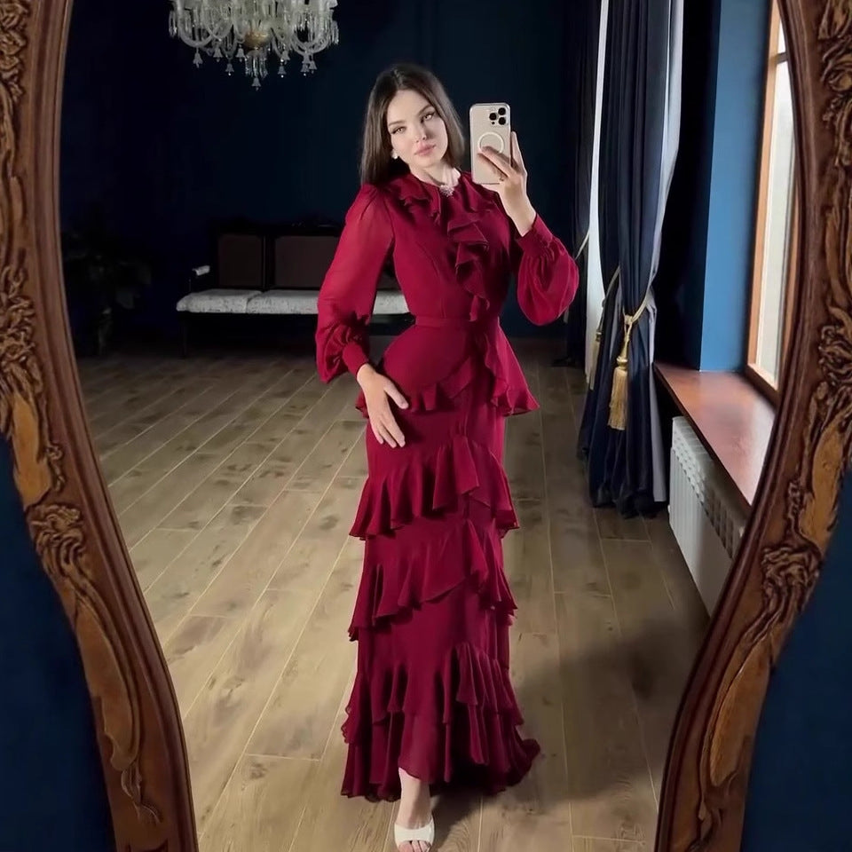 Elegant Ruffled Long-sleeve Waist-cinched Maxi Dress