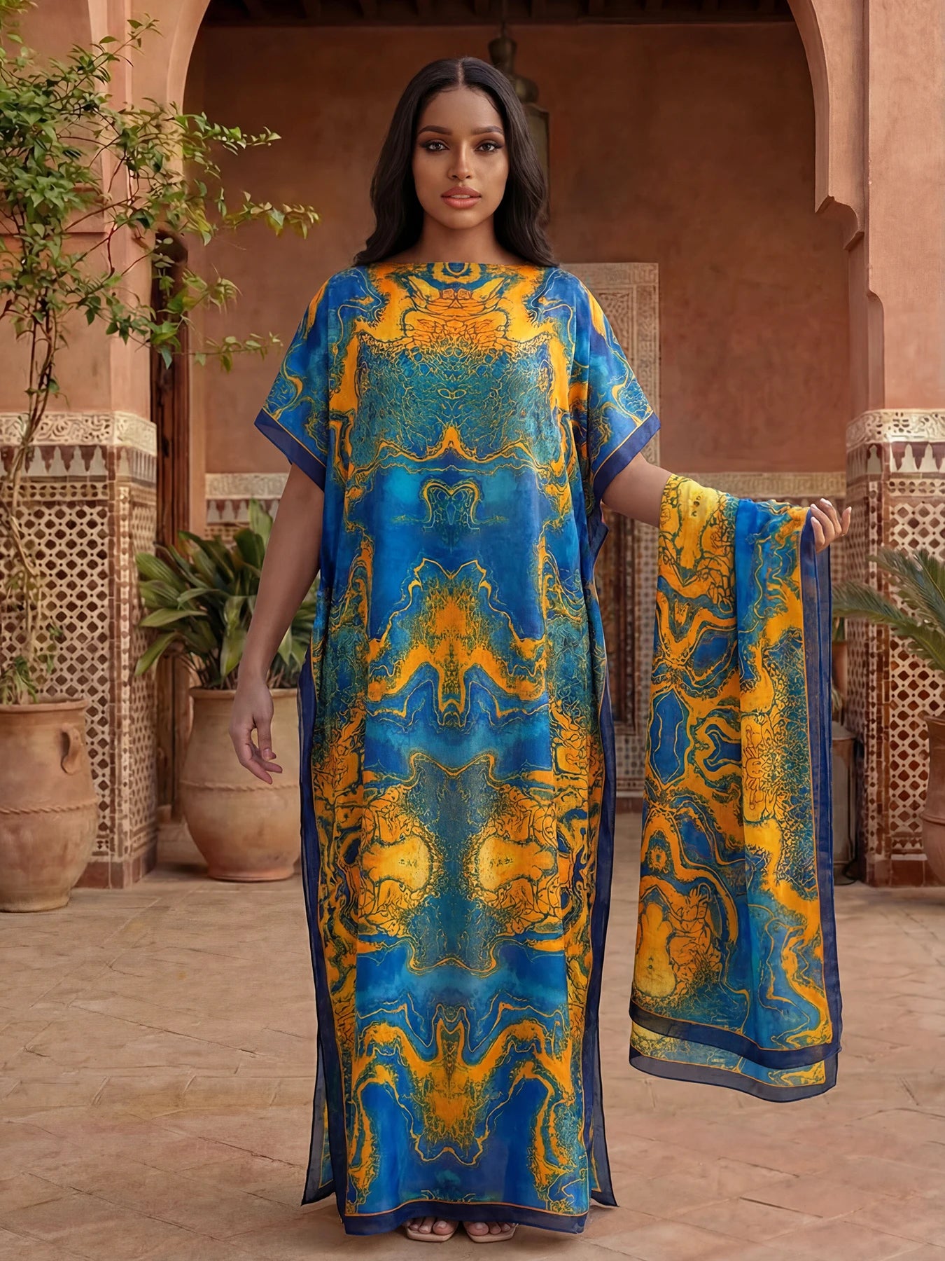 NEW Fashion Summer Dress With Big Scarf Dubai Turkey Kaftan Muslim Loose Abaya Women African Casual Leopard Print Shawl Robe