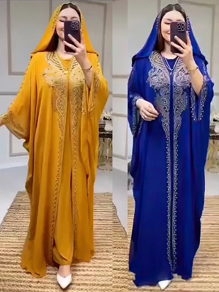 ALFO Muslim Dress for Women Hooded Abaya 2 Piece Set Diamond Jalabiya Morocco Party Dresses Dubai Abayas Kaftan Vestido Long Robe