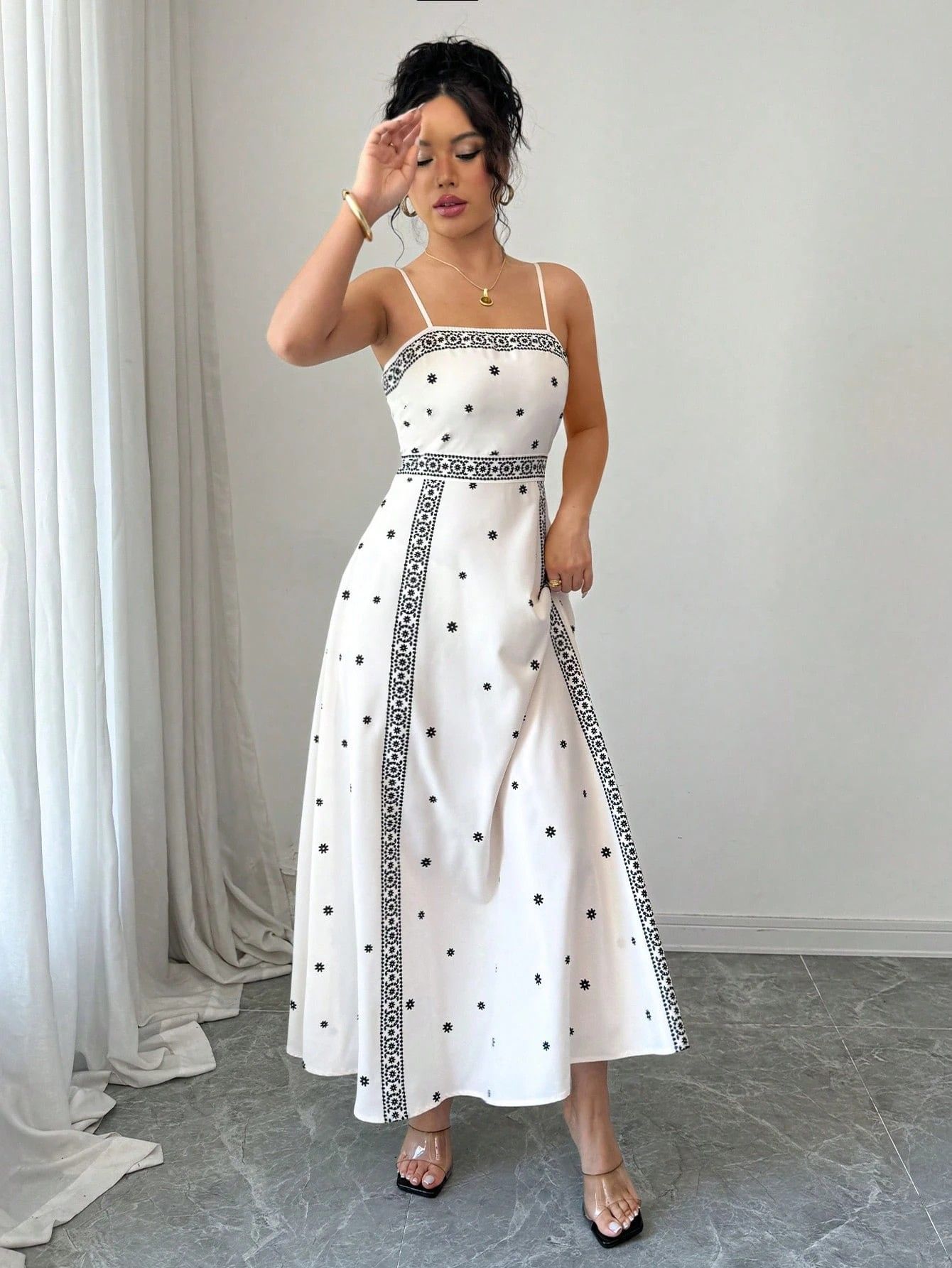 Fitted-waist White Printed A-line Maxi Dress