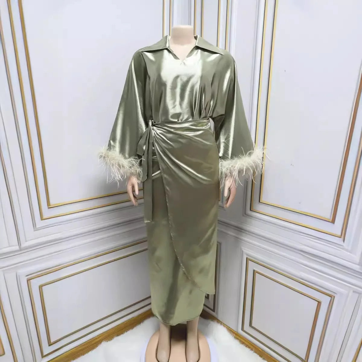Clothes for Muslim Women Spring Summer Muslim Women 3/4 Sleeve V-neck Top Long Skirt Matching Sets Outfits Dubai Abaya M-2XL