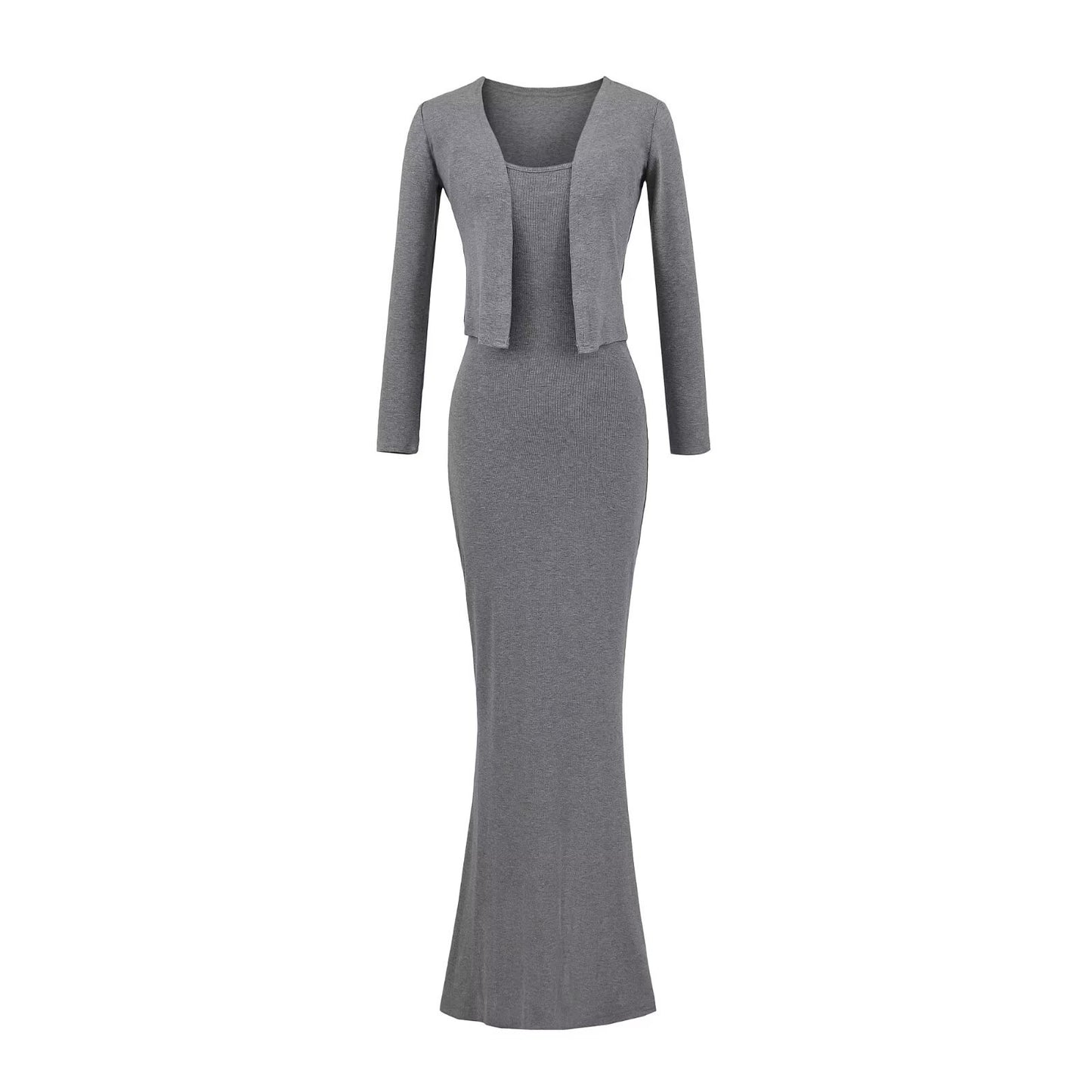 Strap Fish-tail Maxi Dress With Long-sleeve Cardigan A Sassy Two-piece Set For Women