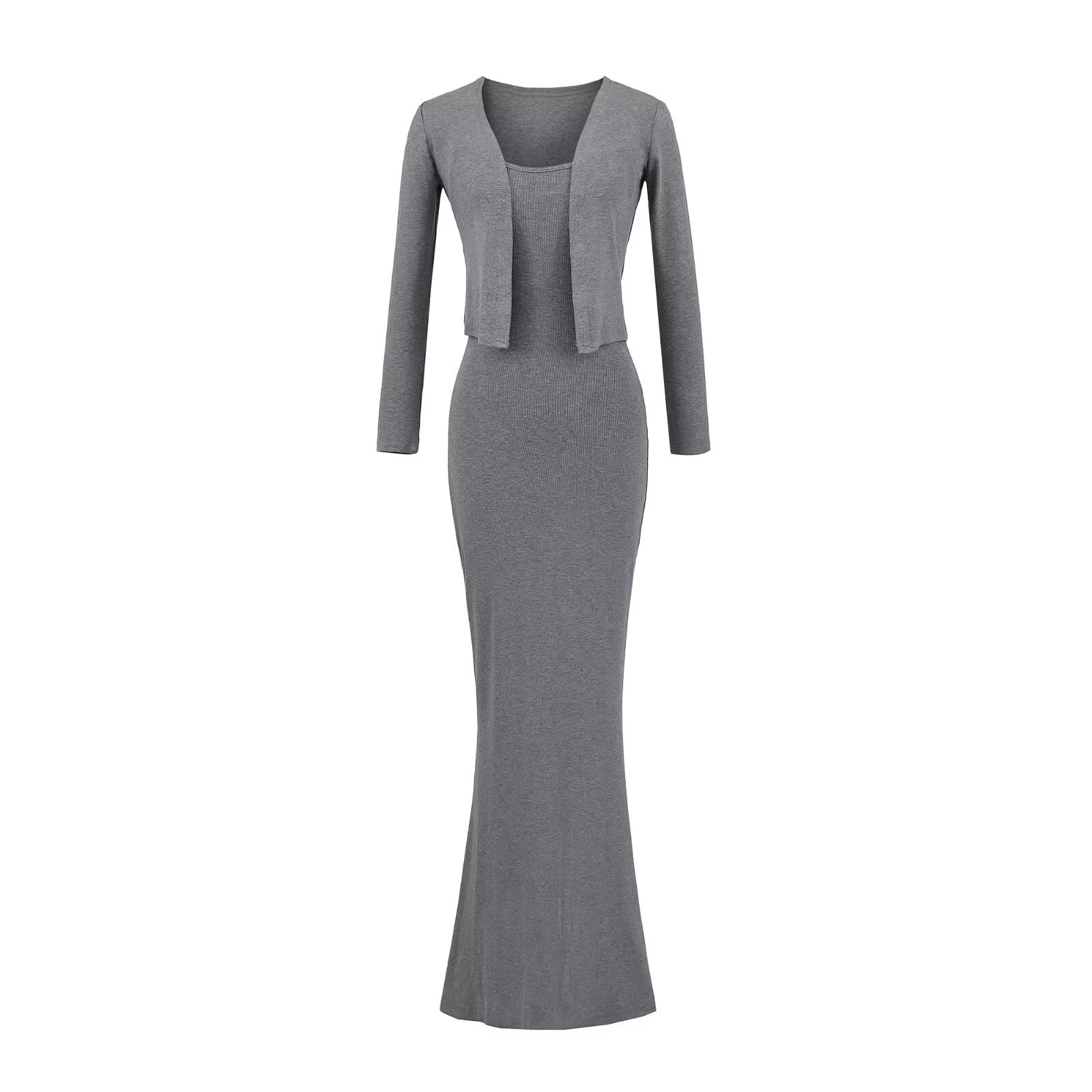 Strap Fish-tail Maxi Dress With Long-sleeve Cardigan A Sassy Two-piece Set For Women