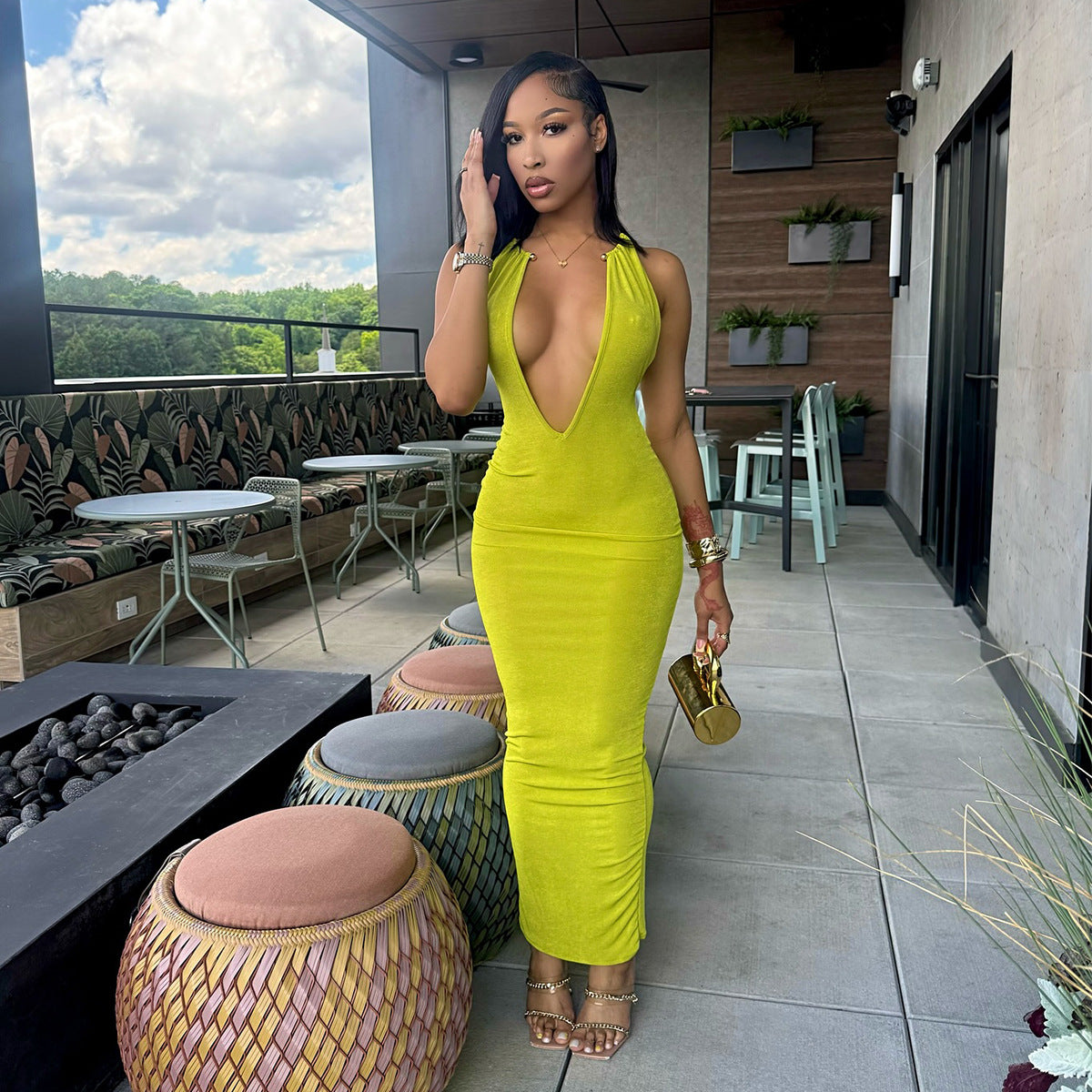 Slim-fit Deep V-neck Metal Halter Maxi Dress
