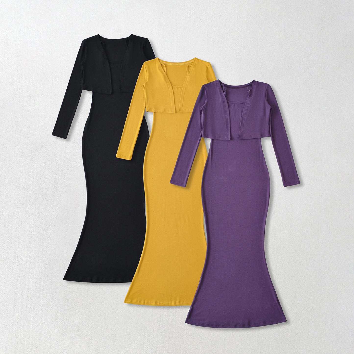 Strap Fish-tail Maxi Dress With Long-sleeve Cardigan A Sassy Two-piece Set For Women