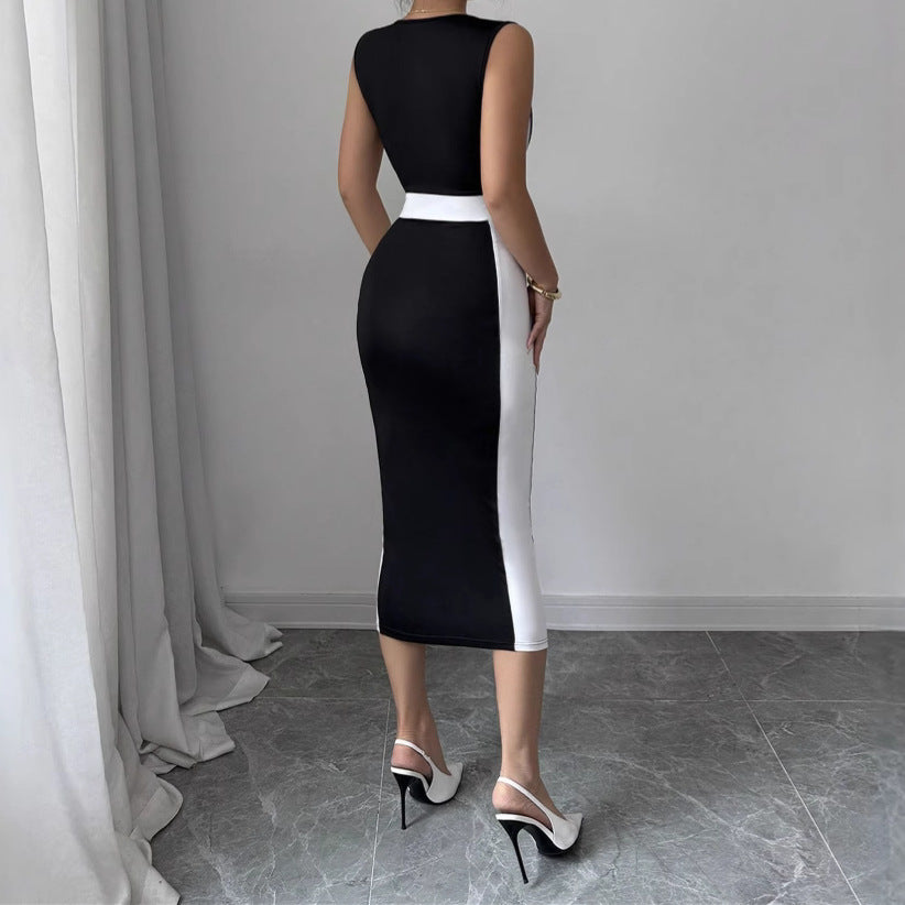 Women's Intellectual Style Dress With Square Neckline, Spaghetti Straps, And Color-blocked Maxi Dress