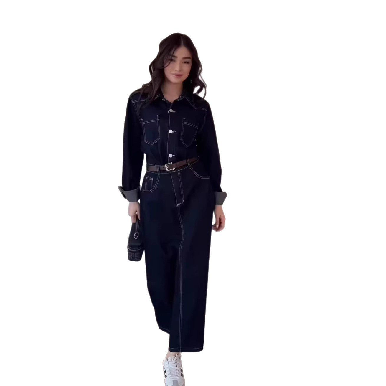 Retro Casual Long-sleeve Denim Maxi Dress