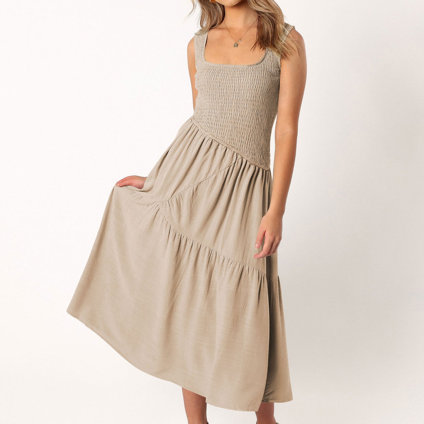 Embroidered Smocked Puff-Sleeve Maxi Dress Ivory