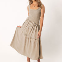 Embroidered Smocked Puff-Sleeve Maxi Dress Ivory