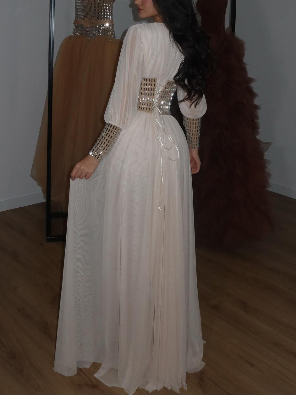 Deep V Long Sleeve Diamond Waist Maxi Dress