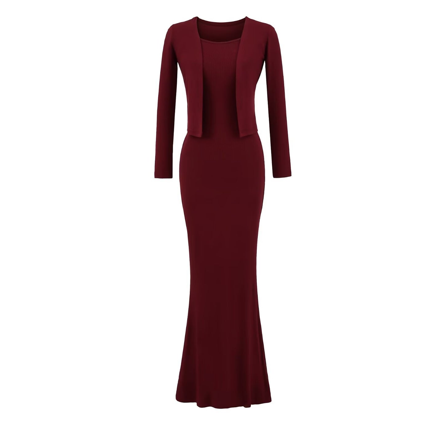Strap Fish-tail Maxi Dress With Long-sleeve Cardigan A Sassy Two-piece Set For Women