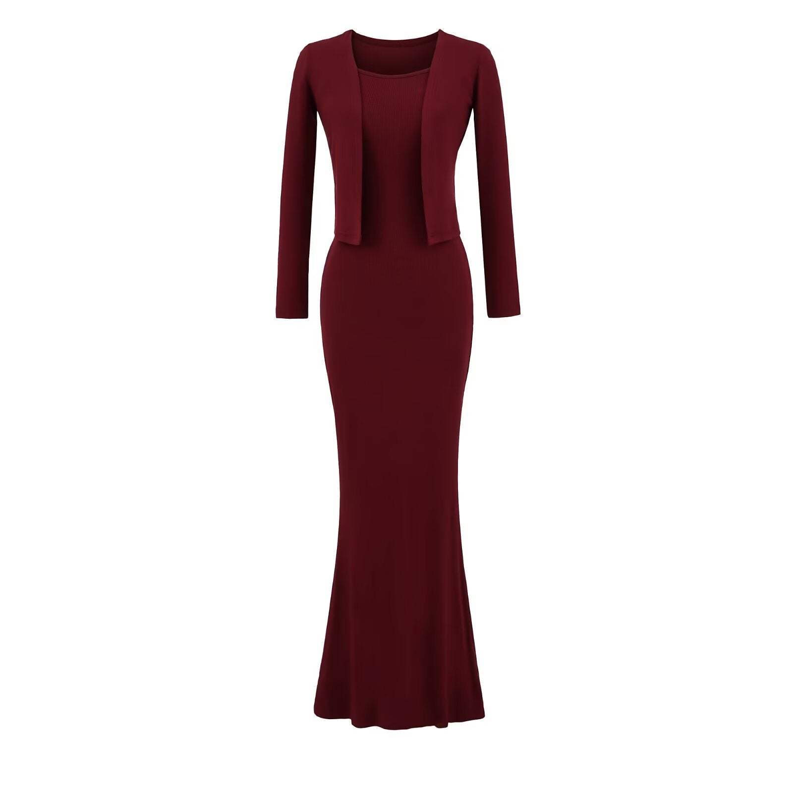 Strap Fish-tail Maxi Dress With Long-sleeve Cardigan A Sassy Two-piece Set For Women