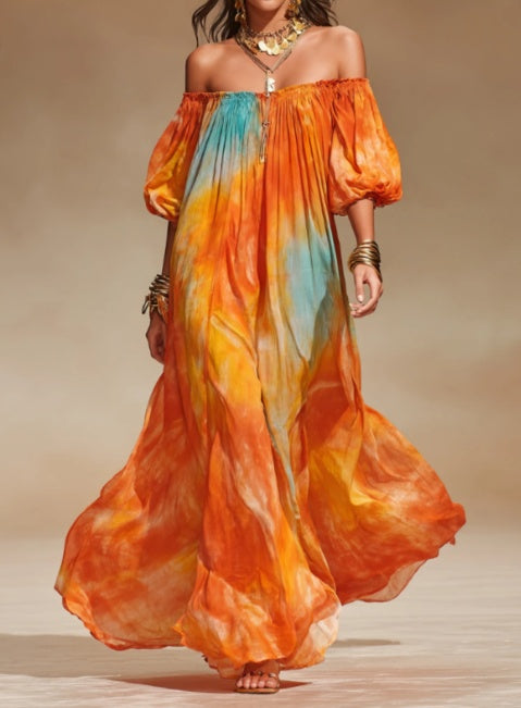 Bohemian Off-Shoulder Tie-Dye Maxi Dress