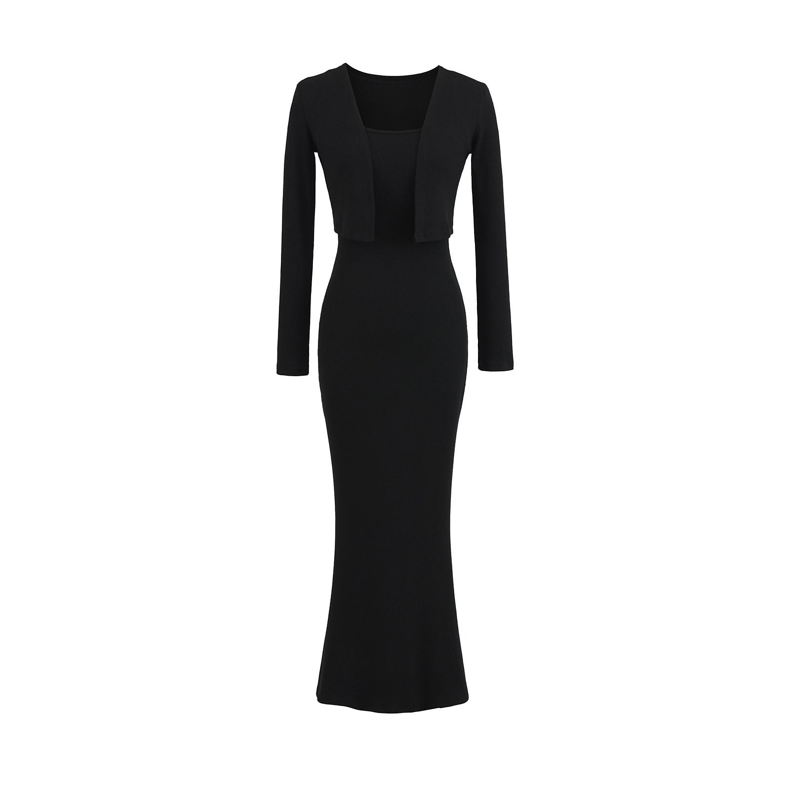 Strap Fish-tail Maxi Dress With Long-sleeve Cardigan A Sassy Two-piece Set For Women