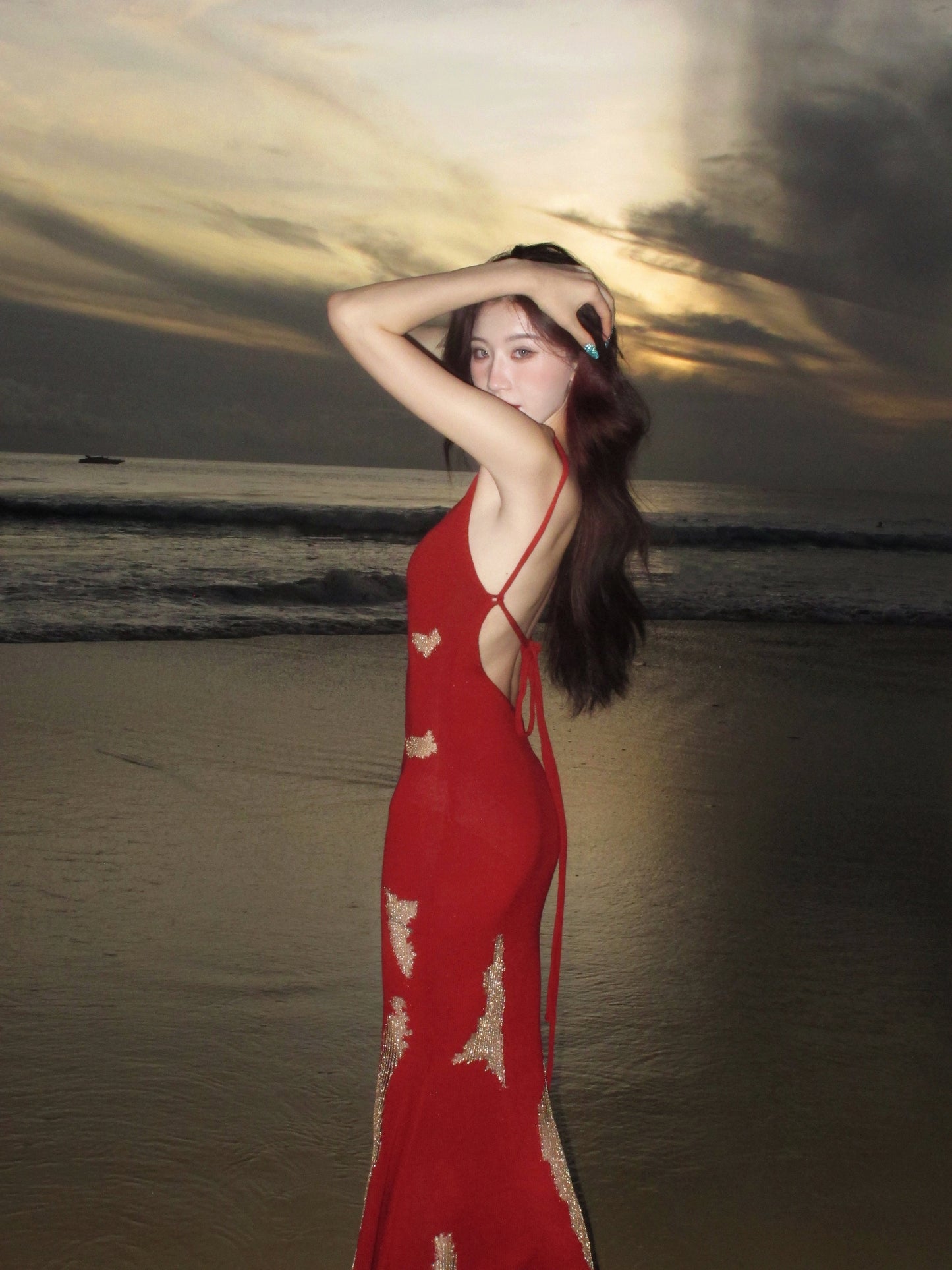 Original Knitted Hollow-Out Backless Tie-Up Dress