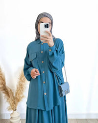 2-Piece Long Sleeve Shirt and Skirts Set for Women Elegant Abaya Dubai Turkey Islamic Casual Tops Monochromatic Skirt Fashion