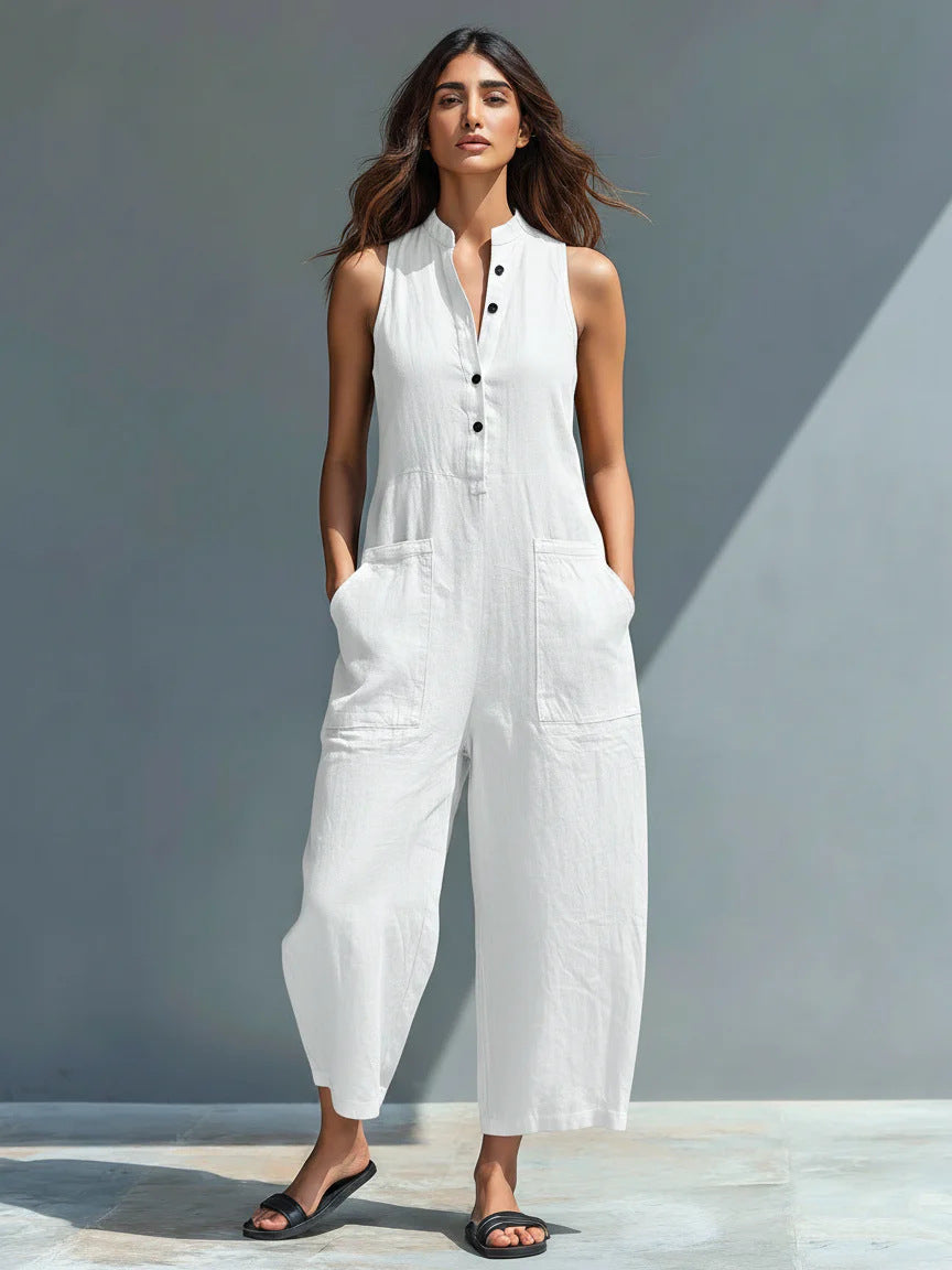 Women's Linen Blend Buttoned Collar Sleeveless Dress