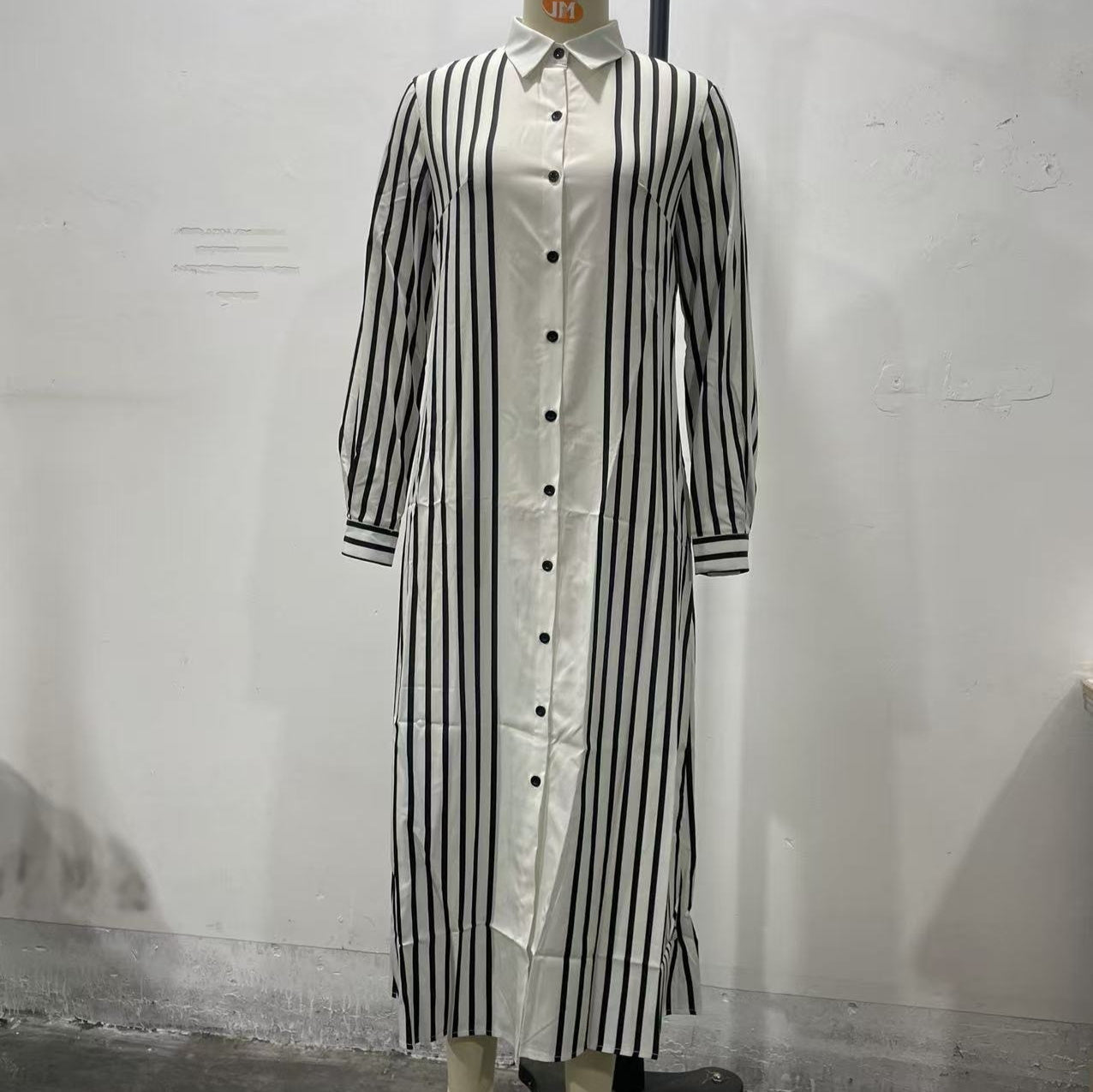 Women's Long Sleeve Striped Print Maxi Dress With Lapel