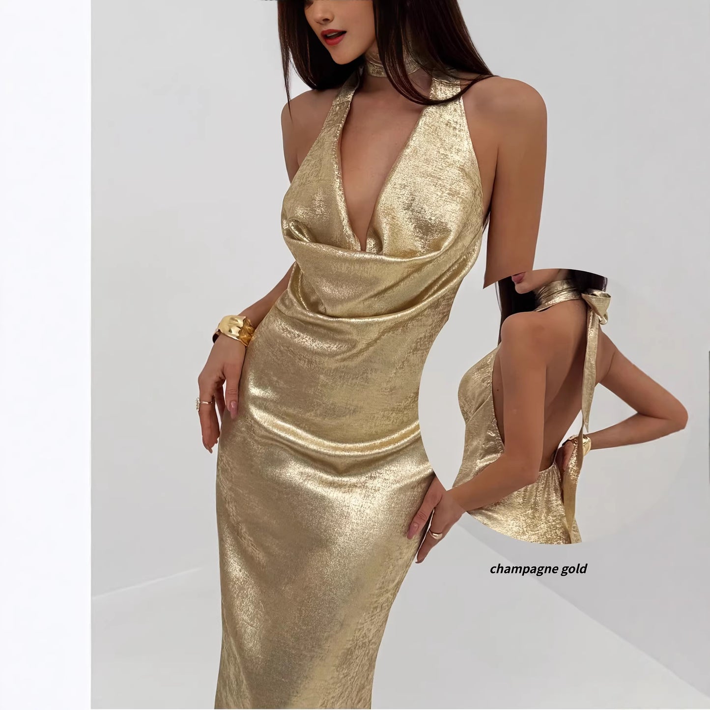 V-neck Open-back Gold Maxi Dress