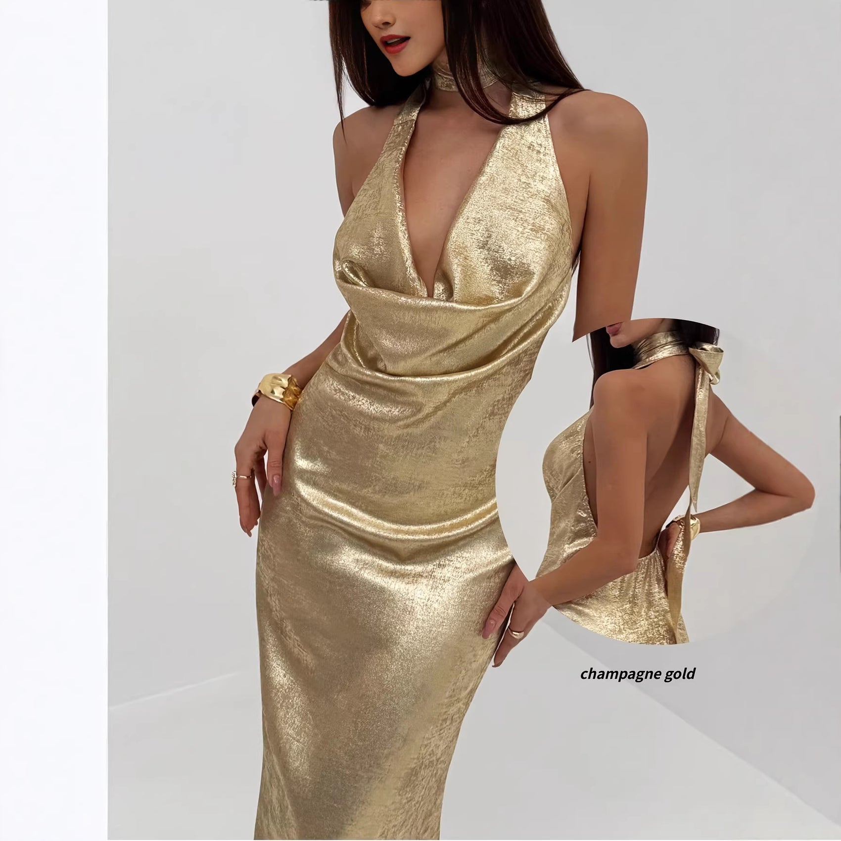 V-neck Open-back Gold Maxi Dress