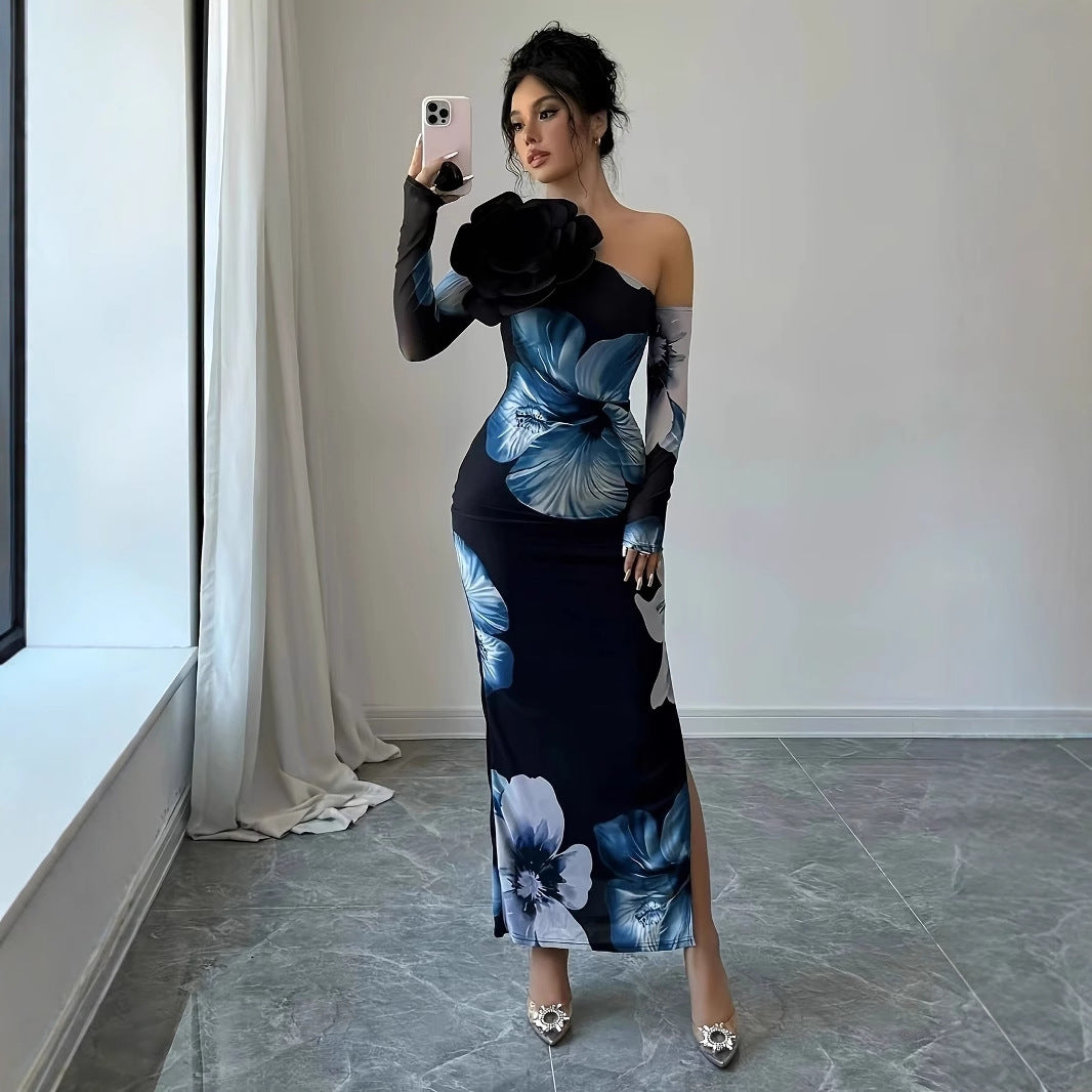 Women's One-shoulder Floral-print Mesh Maxi Dress