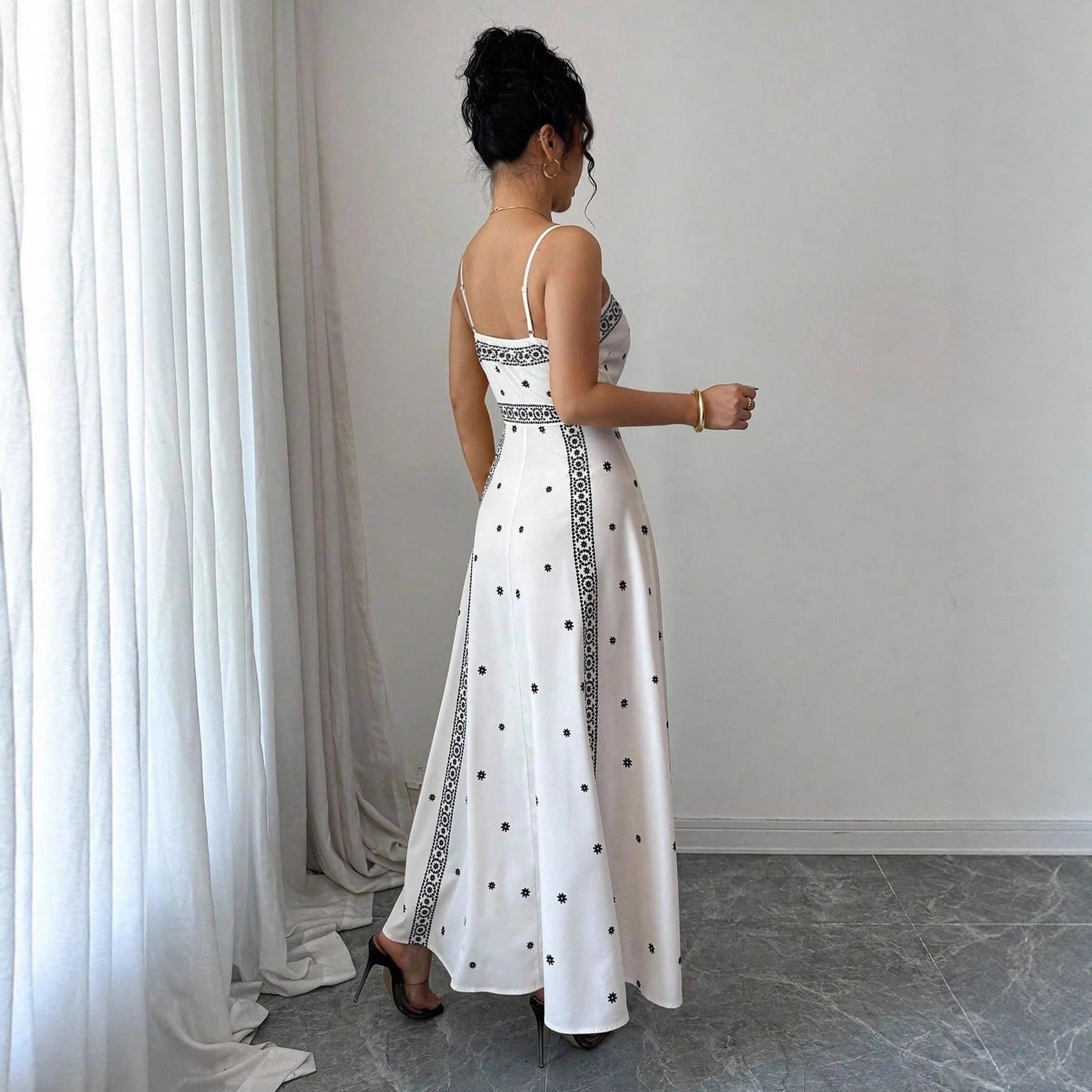 Fitted-waist White Printed A-line Maxi Dress