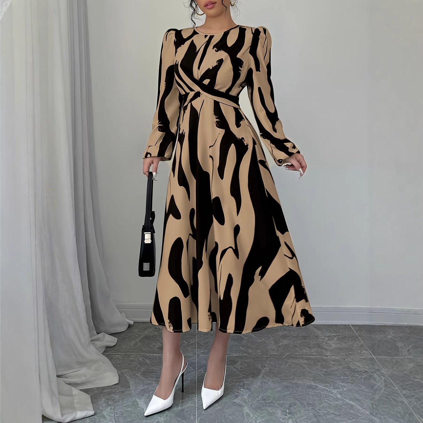 Womens Asymmetrical Printed Tie Bow-Detailed Elastic-Cuff Casual Resort Maxi Dress For Women