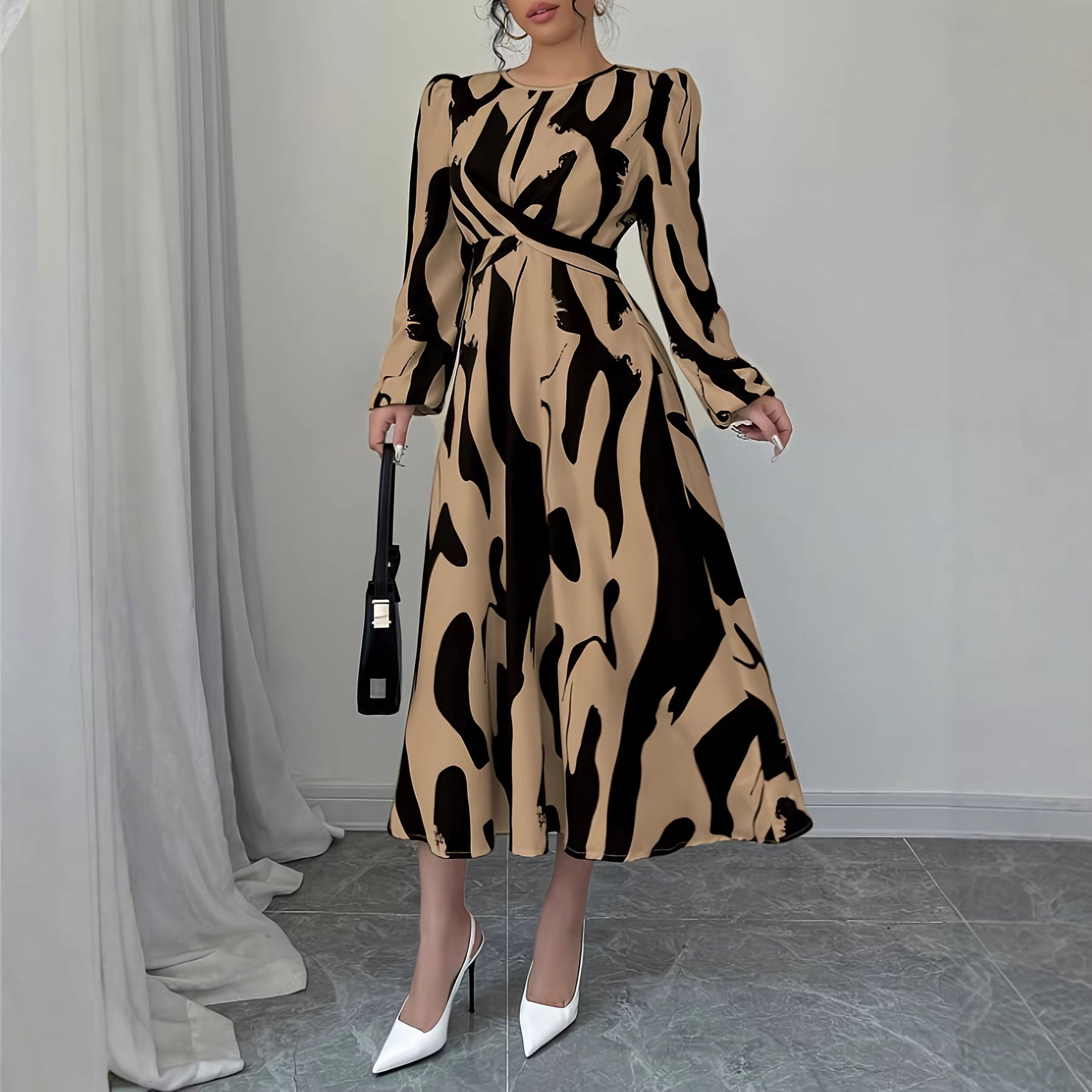 Womens Asymmetrical Printed Tie Bow-Detailed Elastic-Cuff Casual Resort Maxi Dress For Women