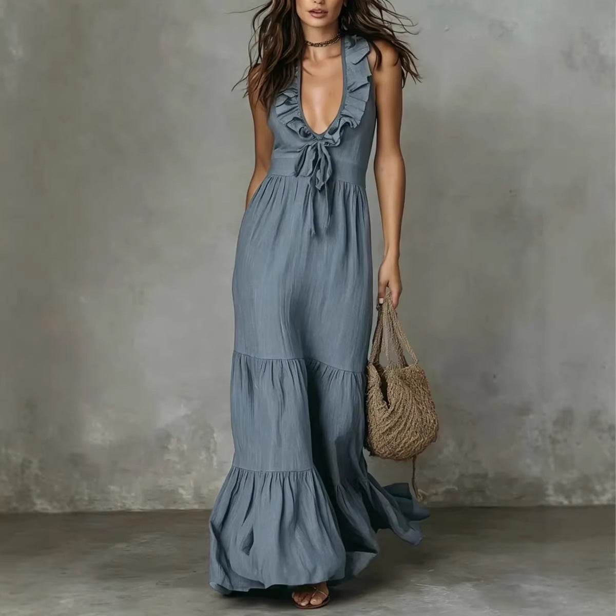 Sleeveless Cotton-Linen V-Neck Maxi Dress