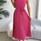 Women's Elegant Stand Collar Sleeveless Tie Waist Pleated Maxi Dress