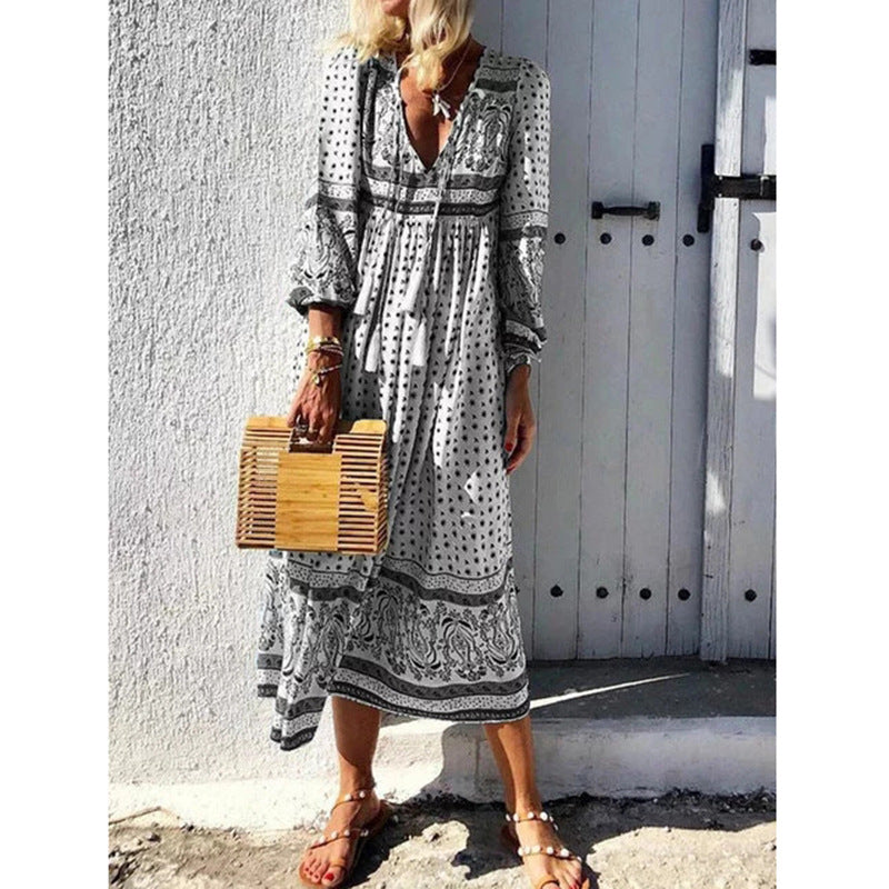 Deep V Print Long Sleeve Maxi Dress