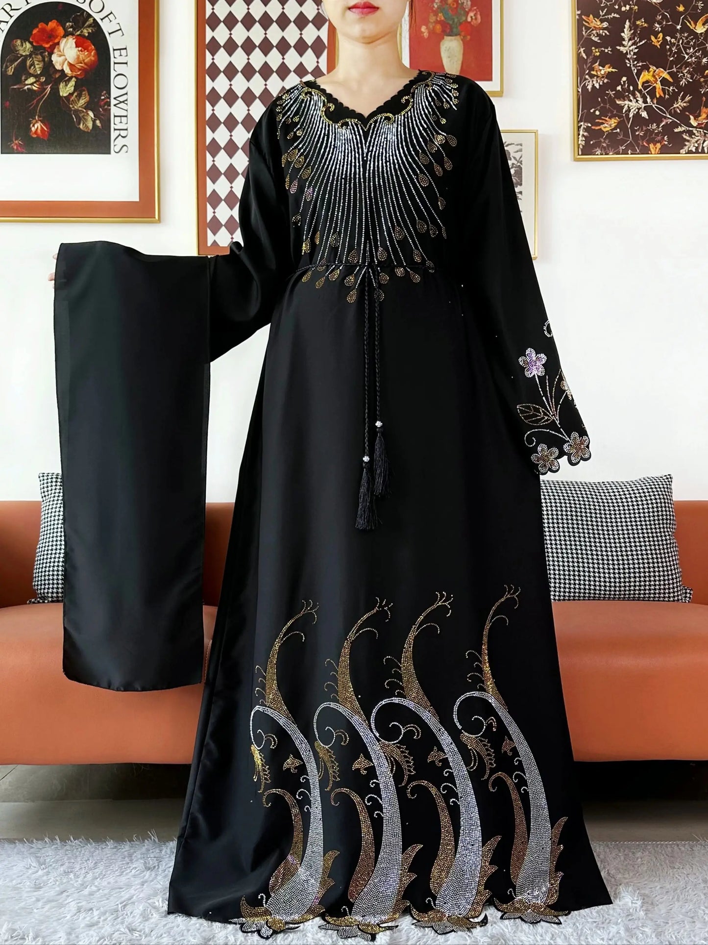 2025Fashion Dubai Diamond Muslim Women Modest Dress Elegant Arabic Femme Hijab Long Sleeve Chiffon Abaya Islamic Turkey Clothing