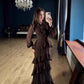Elegant Ruffled Long-sleeve Waist-cinched Maxi Dress