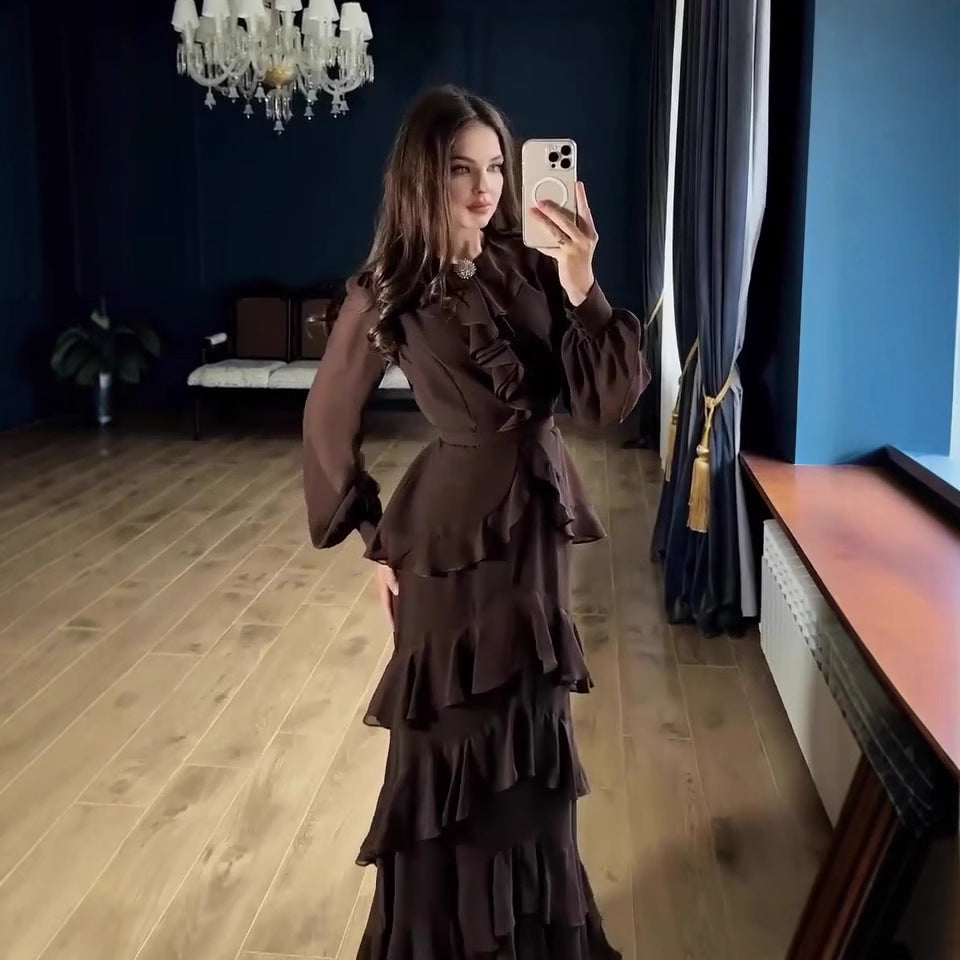Elegant Ruffled Long-sleeve Waist-cinched Maxi Dress