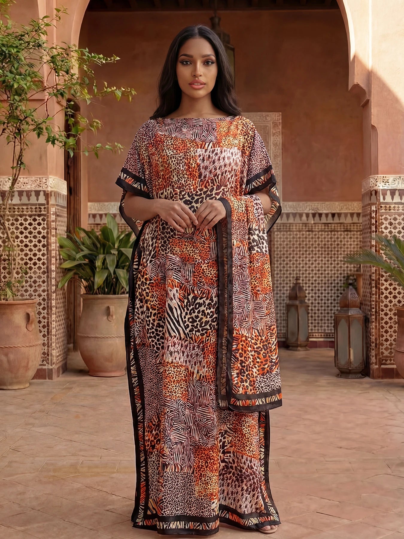 NEW Fashion Summer Dress With Big Scarf Dubai Turkey Kaftan Muslim Loose Abaya Women African Casual Leopard Print Shawl Robe