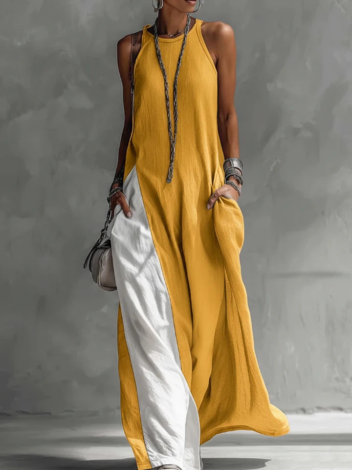 Women Strappy Maxi Dress A-line Vest Type Color Block Summer Beach Dress Loose Casual Halter Neck Pocket Side Split Long Dresses