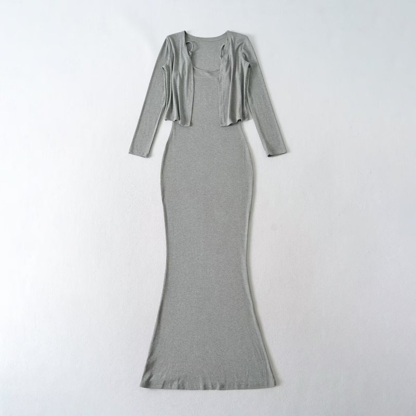 Strap Fish-tail Maxi Dress With Long-sleeve Cardigan A Sassy Two-piece Set For Women